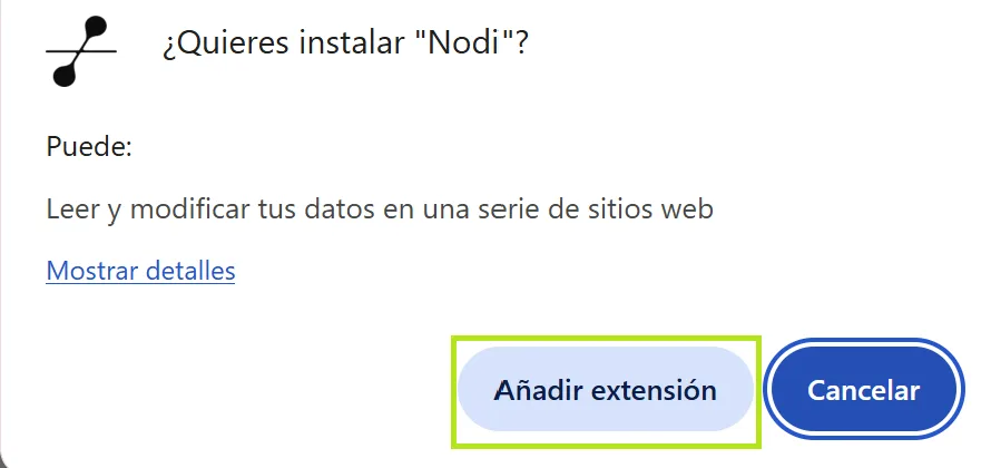 Ventana para confirmar Añadir extensión