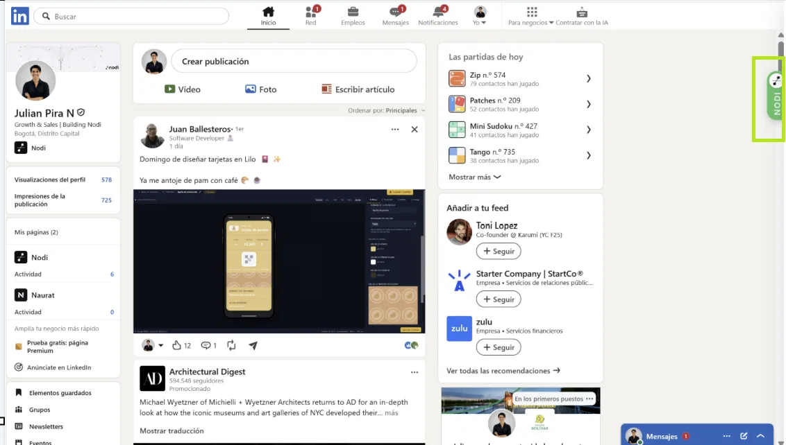 Pestaña de Nodi en el borde derecho de LinkedIn