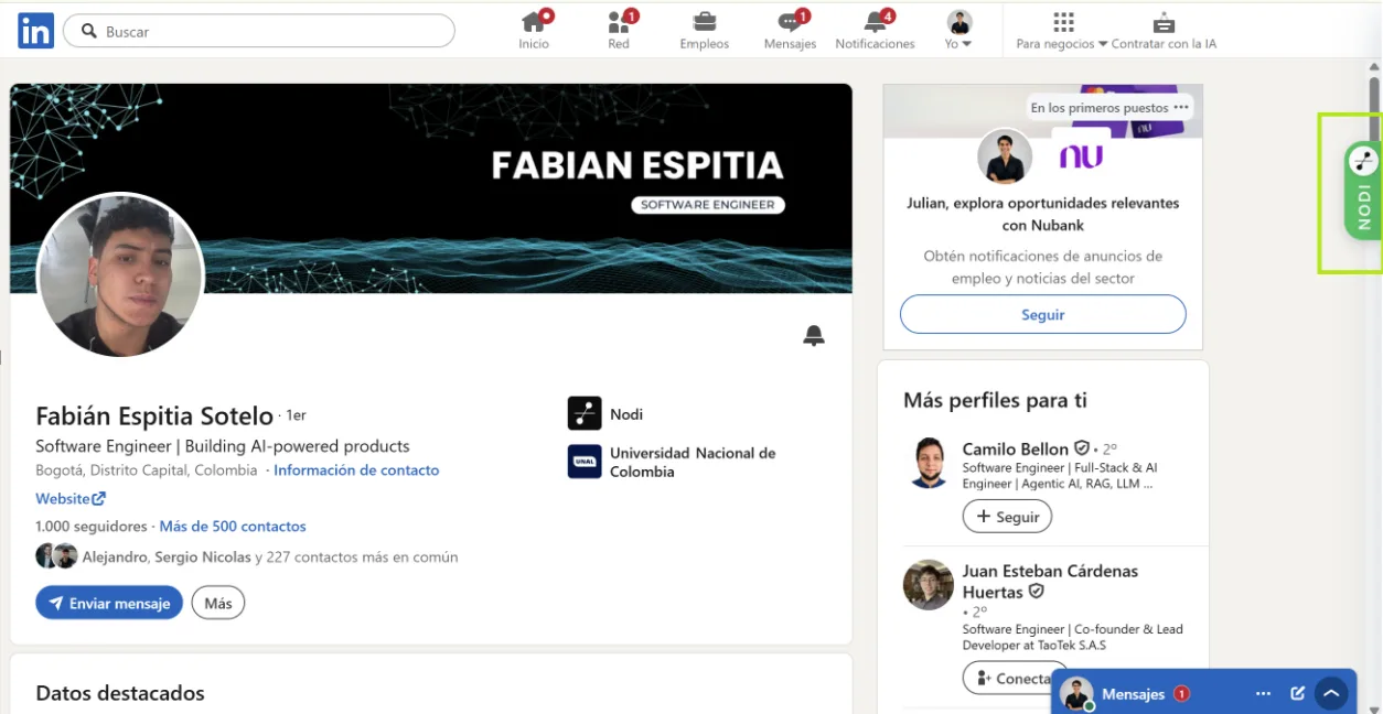Perfil de LinkedIn con la pestaña de Nodi