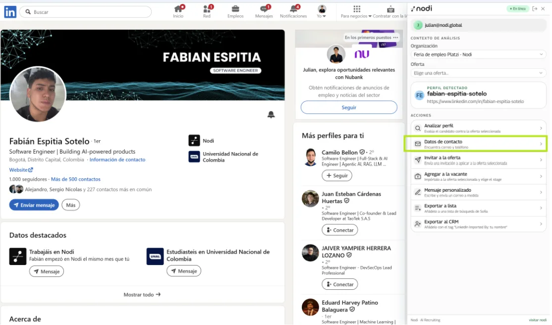 Acción Datos de contacto en el panel de Nodi
