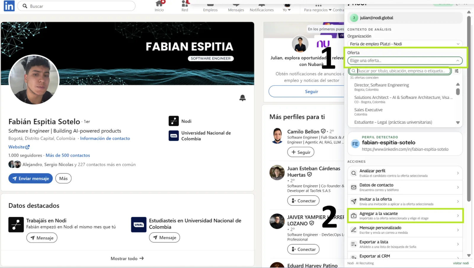 Elegir oferta y Agregar a la vacante