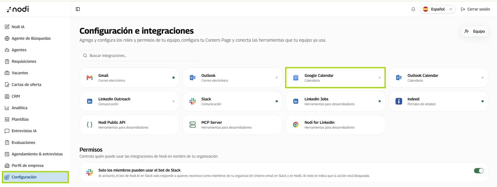 Configuración e integraciones en Nodi, con Google Calendar resaltado