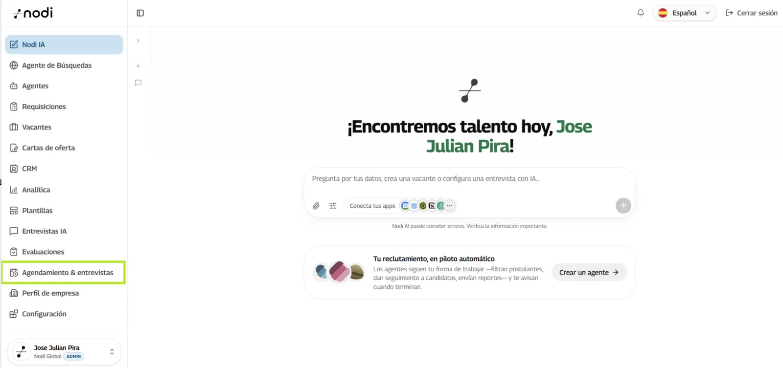 Menú Agendamiento & entrevistas