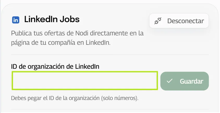 Campo ID de organización de LinkedIn en Nodi